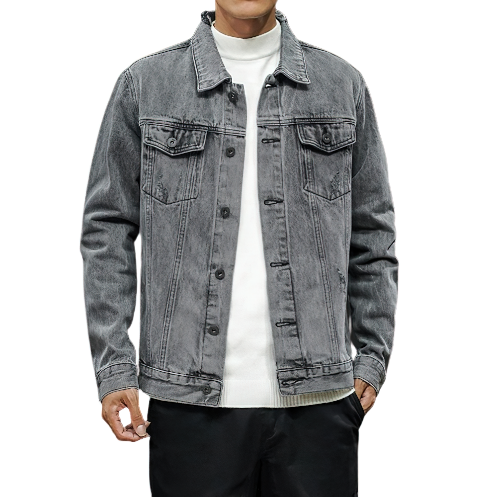 Men's denim retro bomber jacket with pockets, perfect for vintage and alternative fashion outfits.