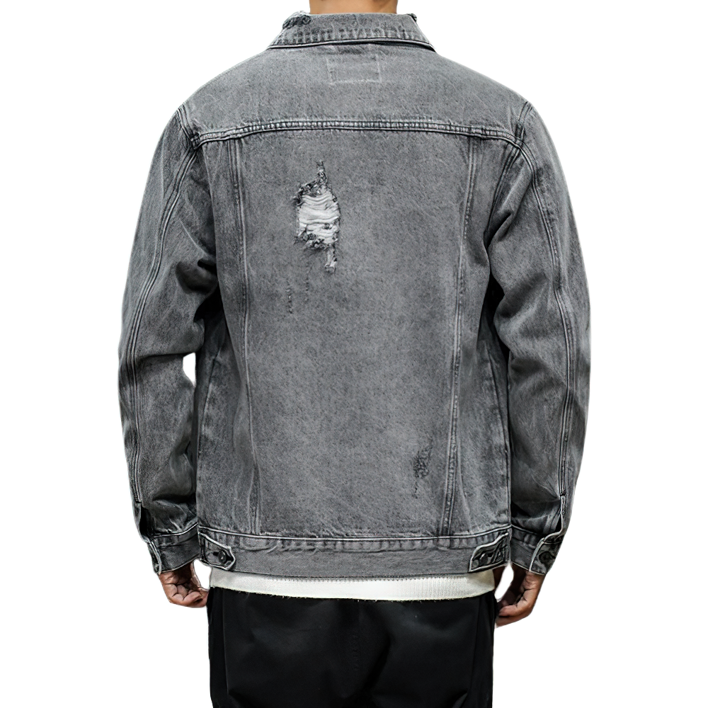 Men's denim retro bomber jacket showcasing vintage distressed design and turn-down collar, perfect for casual alternative fashion.