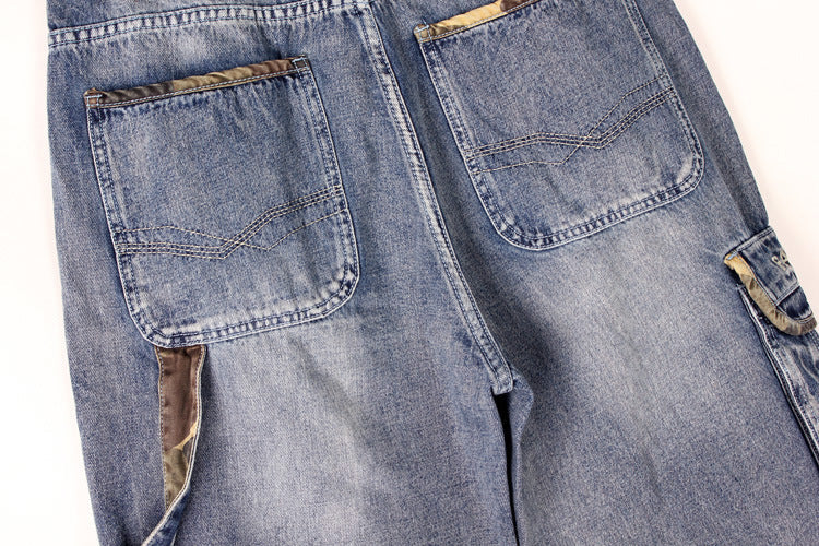 Men's baggy denim shorts showcasing multiple pockets and unique design details, perfect for streetwear fashion.
