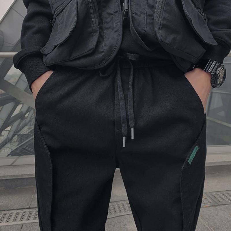 Men's Drawstring Black Cotton Pants / Fashion Tapered Trousers / Stylish Male Joggers - HARD'N'HEAVY