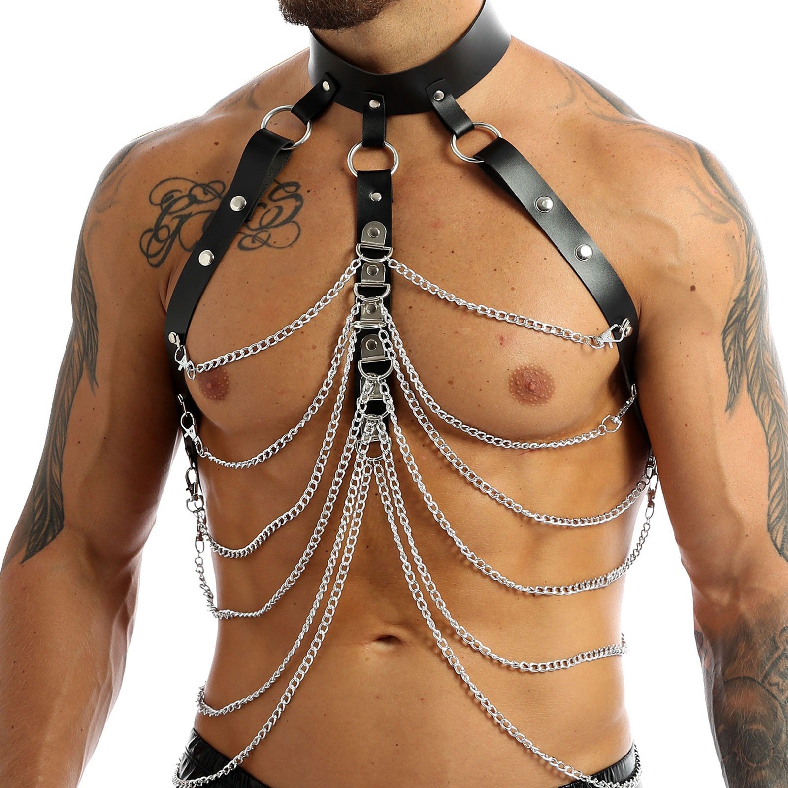 Stylish men's PU leather harness with chains, perfect for enhancing rock outfits in Gothic fashion.