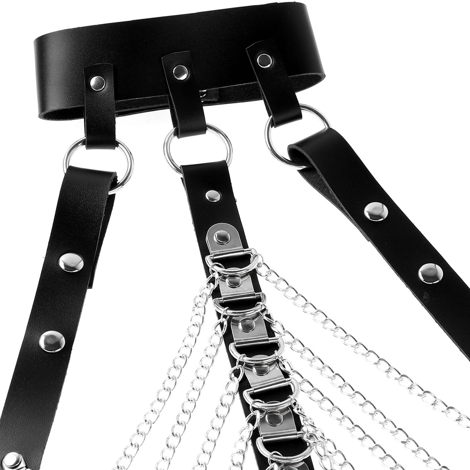 Men's PU leather body harness featuring chain details, perfect for a stylish rock outfit.