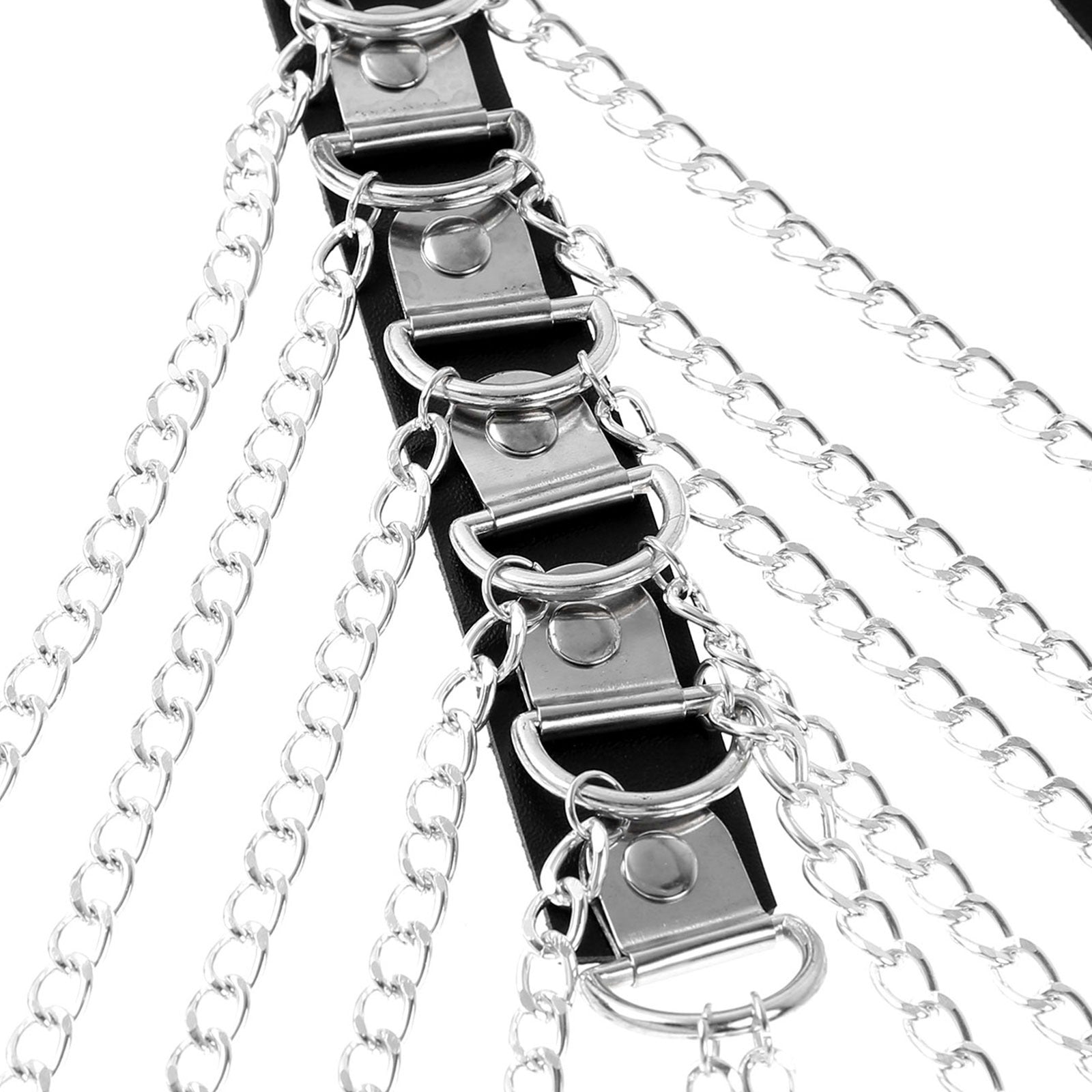 Close-up of men's PU leather body harness with silver chains and rings, perfect for Gothic rock fashion.