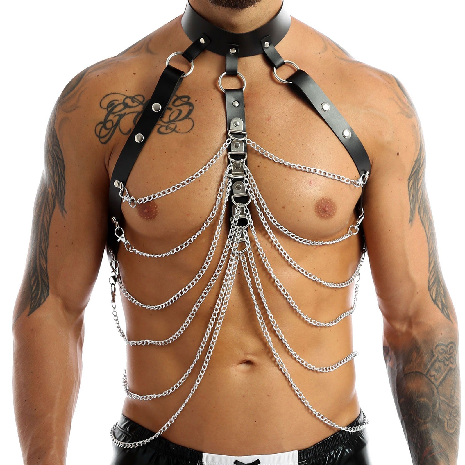 Stylish men's PU leather harness with silver chains, perfect for a Gothic rock outfit.