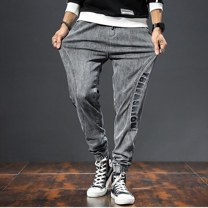 Men's Fashion Elastic Band Pants / Ankle Length Patchwork Jeans