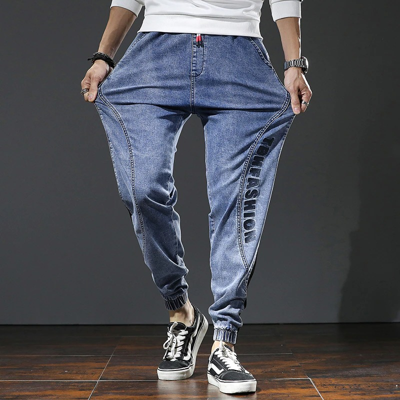 Men's Fashion Elastic Band Pants / Male Ankle Length Patchwork Jeans - HARD'N'HEAVY