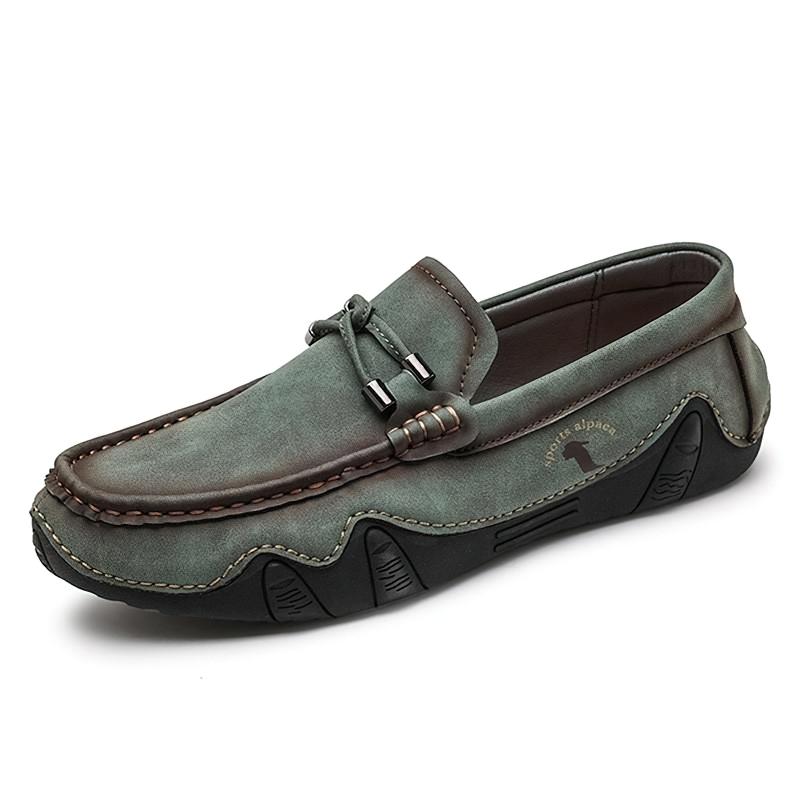 Men's handmade casual loafers in green PU leather with stylish stitching and comfortable design for everyday wear.