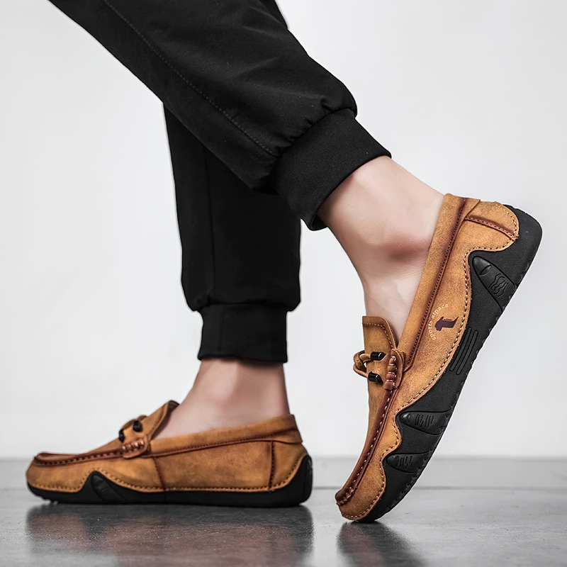 Stylish men's handmade moccasins in brown PU leather, perfect for casual wear and adding flair to any outfit.