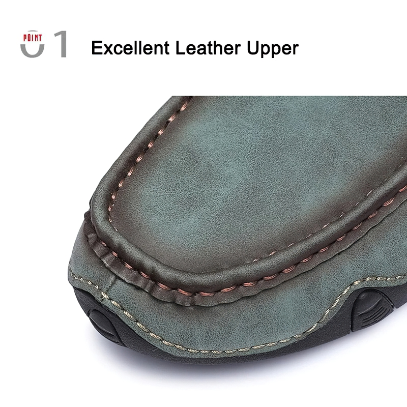 Close-up of men's moccasin featuring excellent PU leather upper with detailed stitching.