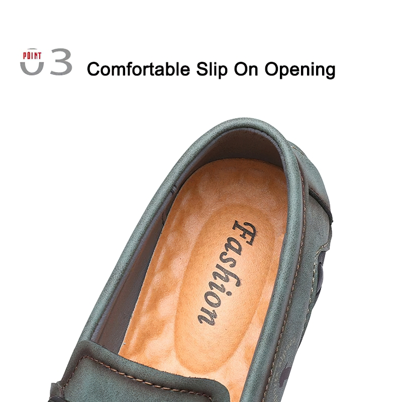 Close-up of men's handmade moccasins showing comfortable slip-on opening and stylish design.