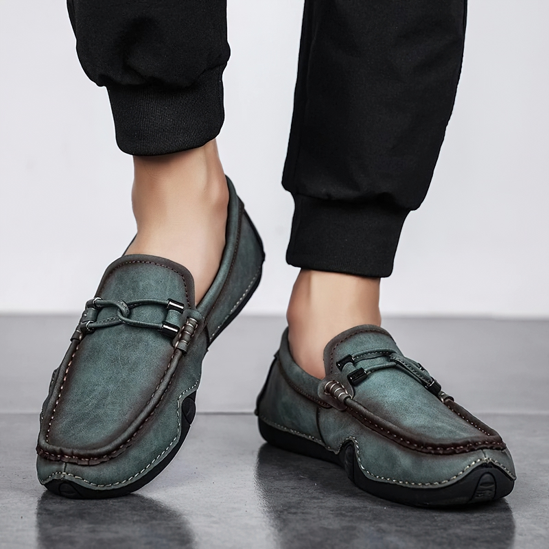 Stylish men's handmade moccasins in green PU leather for casual wear, showcasing unique craftsmanship and comfort.