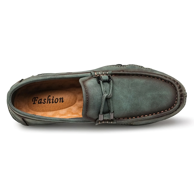 Men's handmade PU leather moccasin in green, featuring intricate stitching, perfect for casual fashion.
