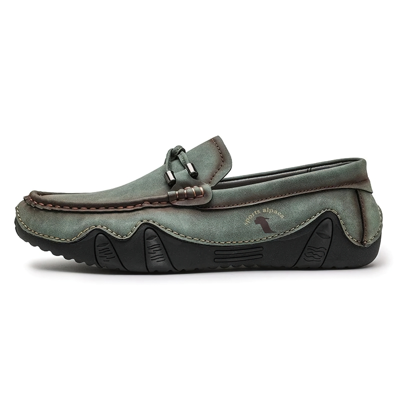 Stylish men's handmade moccasins in greenish PU leather with unique stitching and flexible sole, perfect for casual wear.
