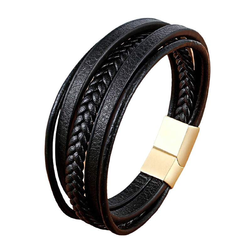 Men's rock-style genuine leather bracelet with braided design and stainless steel magnetic clasp.