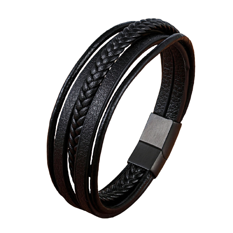Men's genuine leather bracelet in rock style with stainless steel magnetic clasp, perfect for concerts and streetwear.
