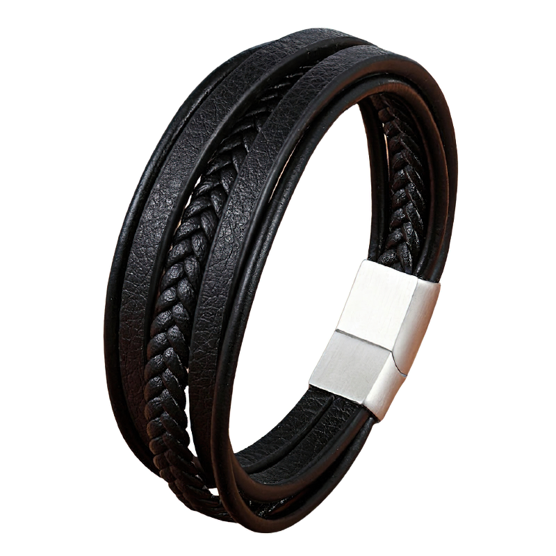 Men's rock style genuine leather bracelet with braided design and stainless steel magnetic clasp.