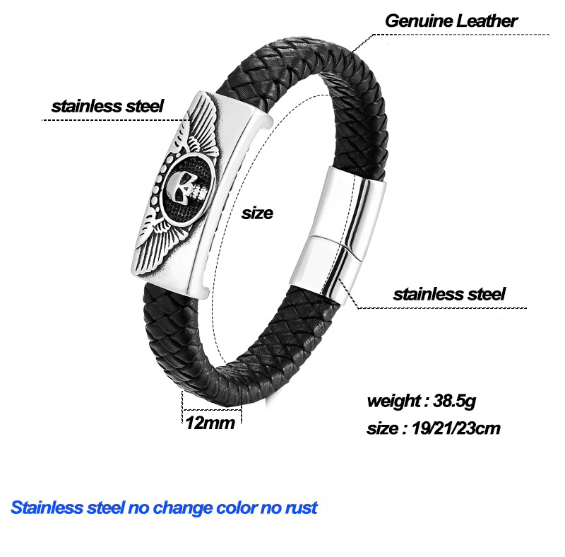 Men's genuine leather bracelet featuring a skull design and stainless steel magnetic buckle, stylish gothic punk jewelry.