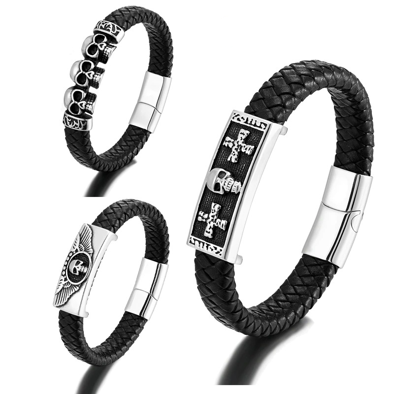 Men's gothic leather bracelet with skull accents and magnetic buckles. Stylish punk stainless steel jewelry.