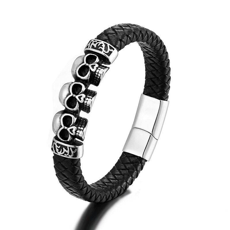 Men's genuine leather bracelet with skulls, gothic style jewelry with magnetic buckle.
