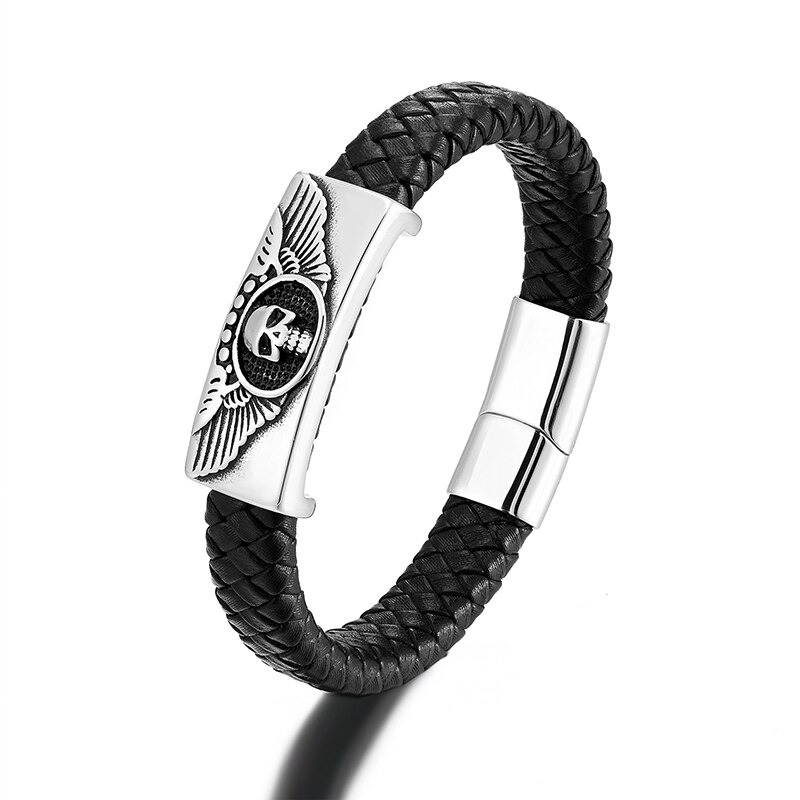 Men's genuine leather bracelet featuring skull and wings design with stainless steel magnetic buckle, perfect for punk style.