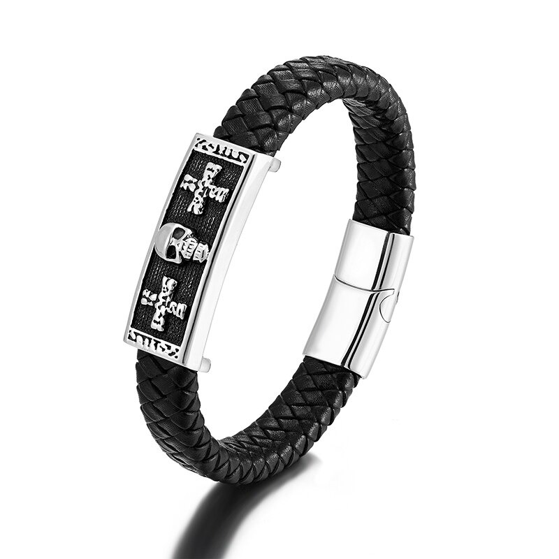 Men's gothic leather bracelet with skull design and stainless steel magnetic buckle, perfect for punk style enthusiasts.