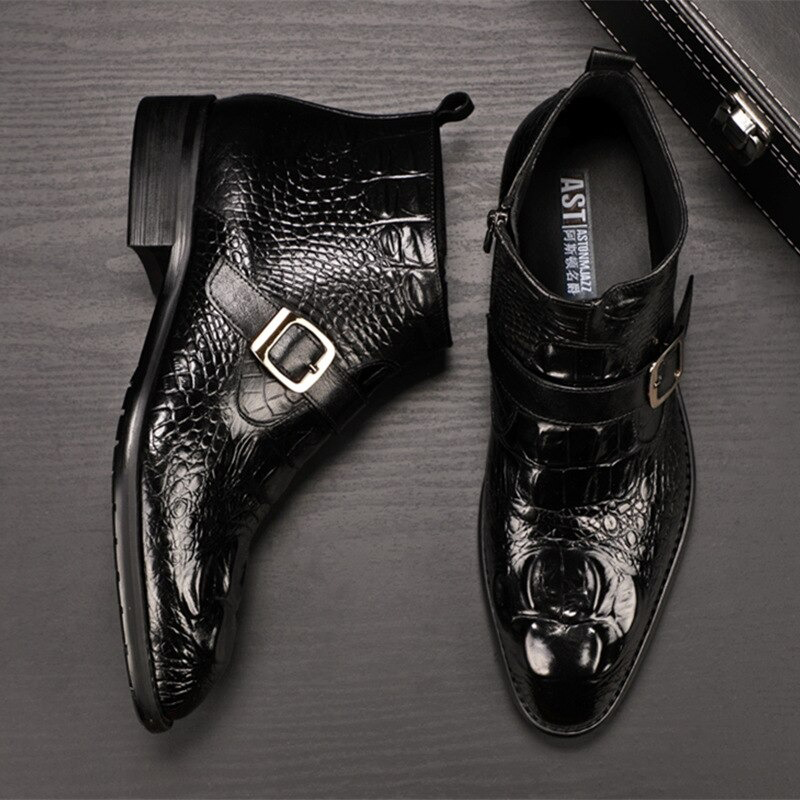 Stylish men's genuine leather black buckle boots with a pointed toe and textured design, perfect for casual wear.