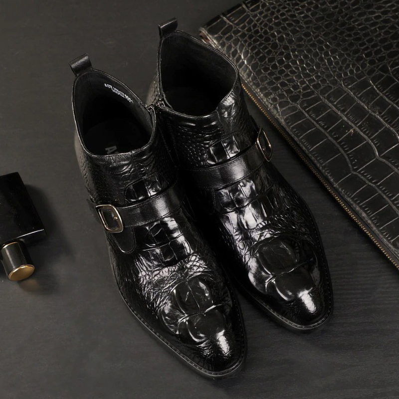 Men's black genuine leather buckle boots with pointed toe, perfect for casual and stylish outfits.