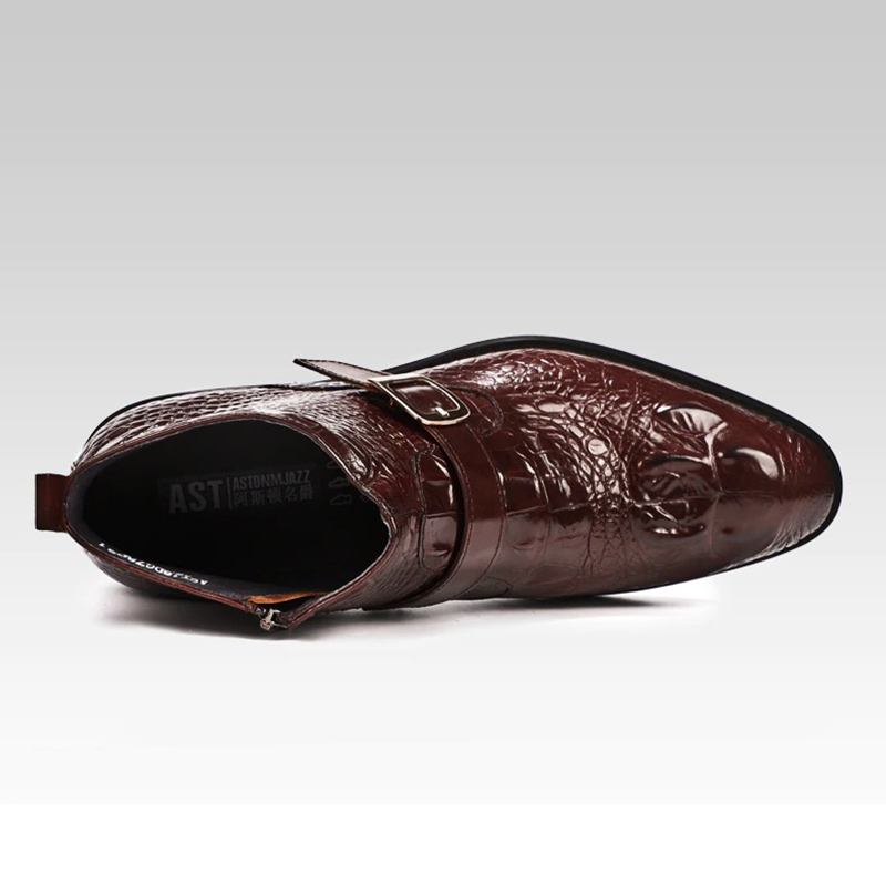 Men's genuine leather pointed toe zip boots in stylish brown color with buckle, perfect for casual outfits.