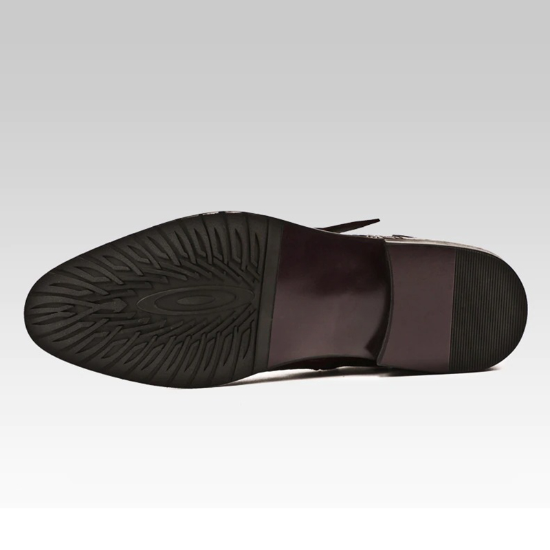 Bottom view of men's genuine leather buckle belt shoes with durable sole design, perfect for casual wear.