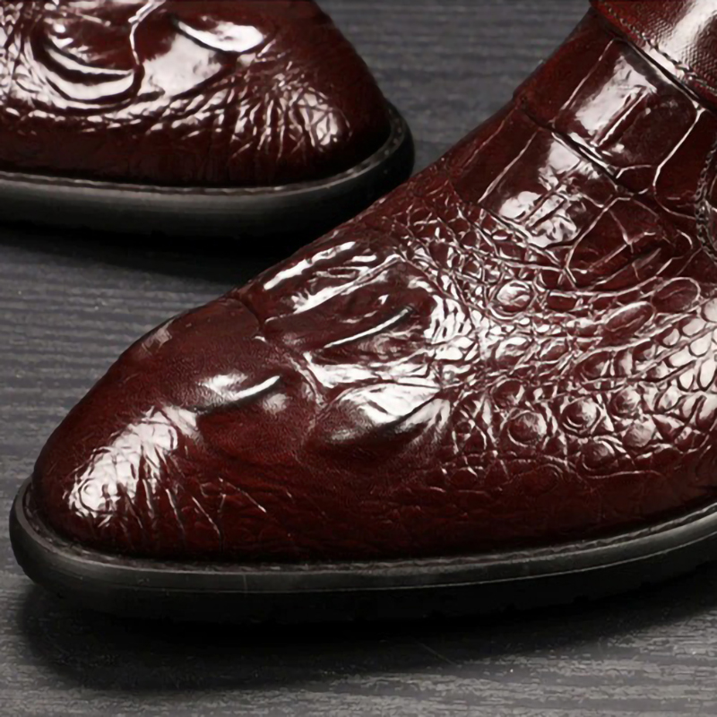 Men's retro pointed toe zip boots in luxurious burgundy genuine leather with a sleek design, perfect for casual style and versatility.