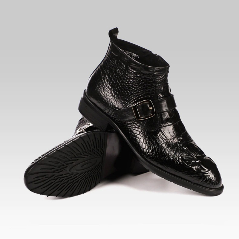Men's black genuine leather buckle boots with textured design, perfect for casual style and versatile outfits.