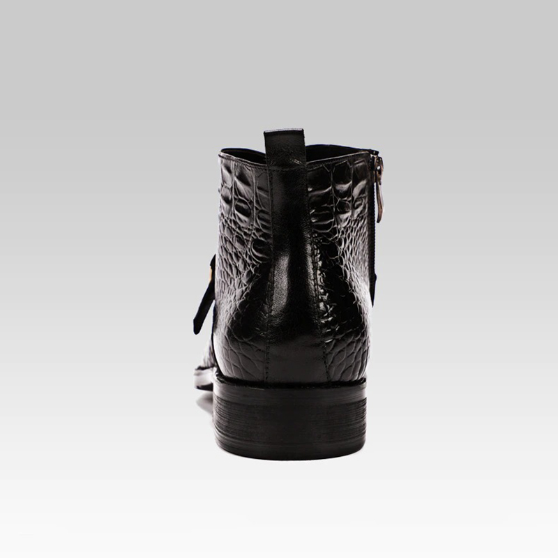 Men's black genuine leather zip boots with a stylish crocodile pattern, perfect for casual outfits.