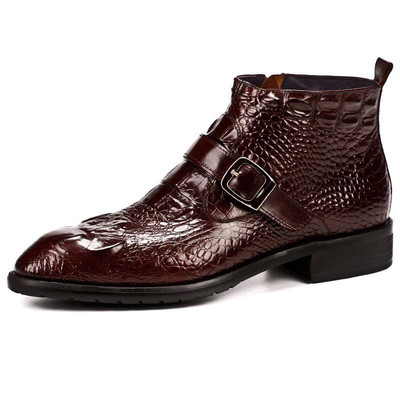 Men's brown genuine leather pointed toe buckle ankle boots, stylish retro design for casual wear.