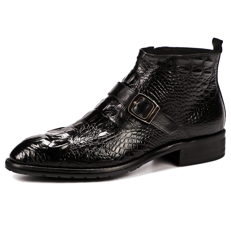 Men's Genuine Leather Buckle Belt Shoes / Retro Male Pointed Toe Zip Boots - HARD'N'HEAVY