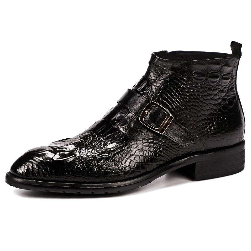 Men's genuine leather pointed toe zip boots in stylish black with buckle detail, perfect for casual occasions.