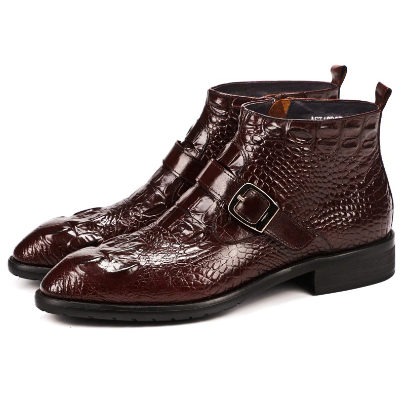 Men's genuine leather burgundy buckle ankle boots with a stylish pointed toe, perfect for casual occasions.