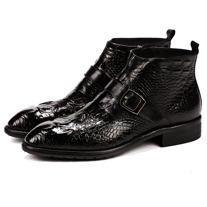 Men's Genuine Leather Buckle Belt Shoes / Retro Male Pointed Toe Zip Boots - HARD'N'HEAVY