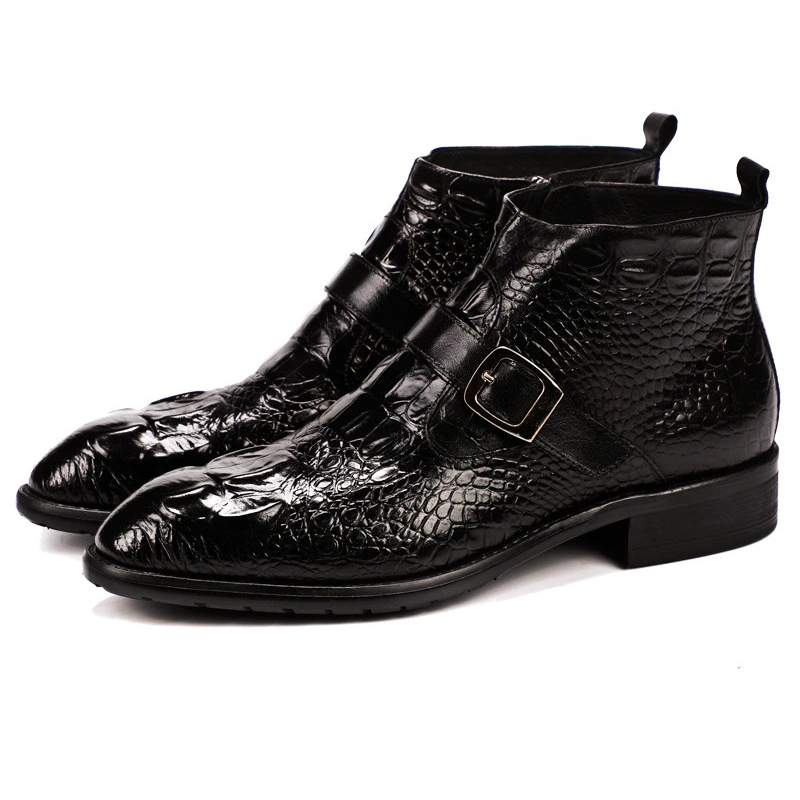 Men's black genuine leather buckle boots with a pointed toe and textured finish for a stylish casual look.