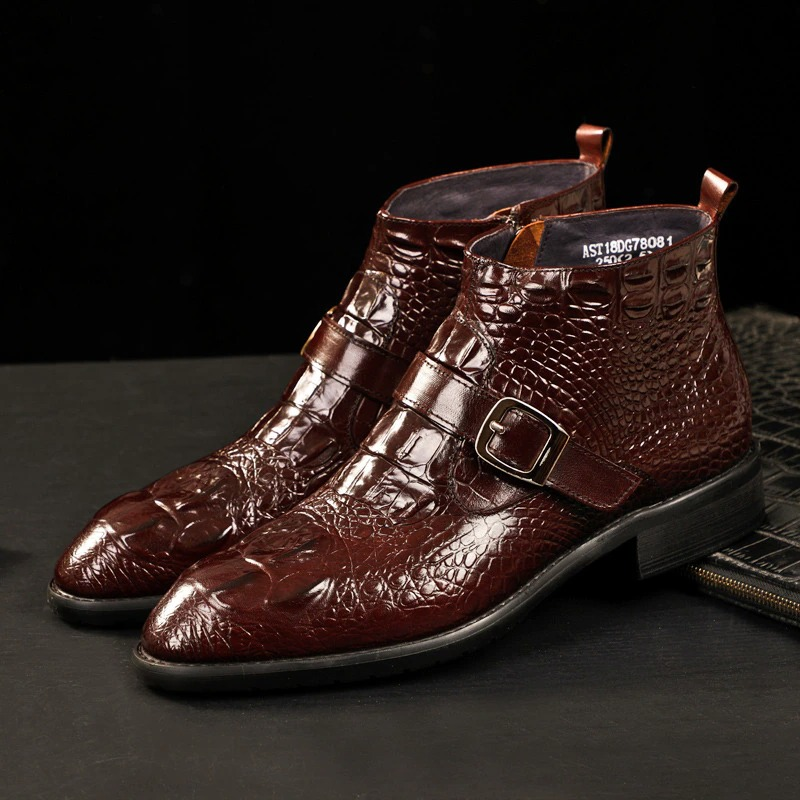 Men's burgundy leather boots with buckle details, showcasing a stylish retro design and pointed toe.