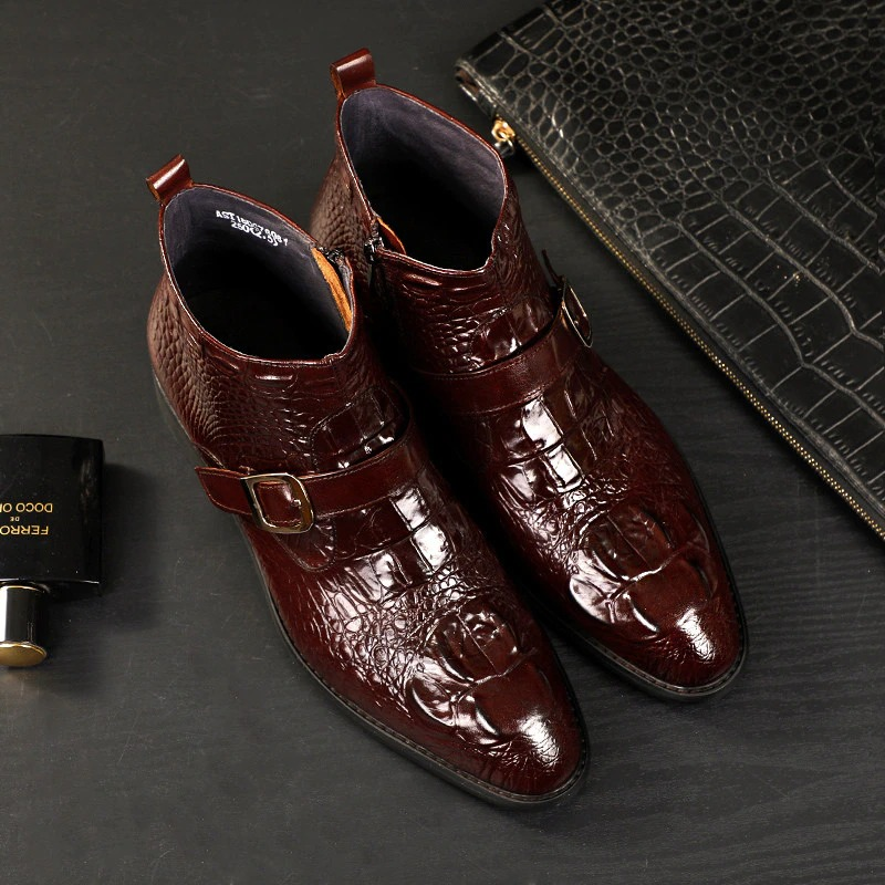 Men's genuine leather buckle boots in rich burgundy, featuring a stylish pointed toe and zip design.