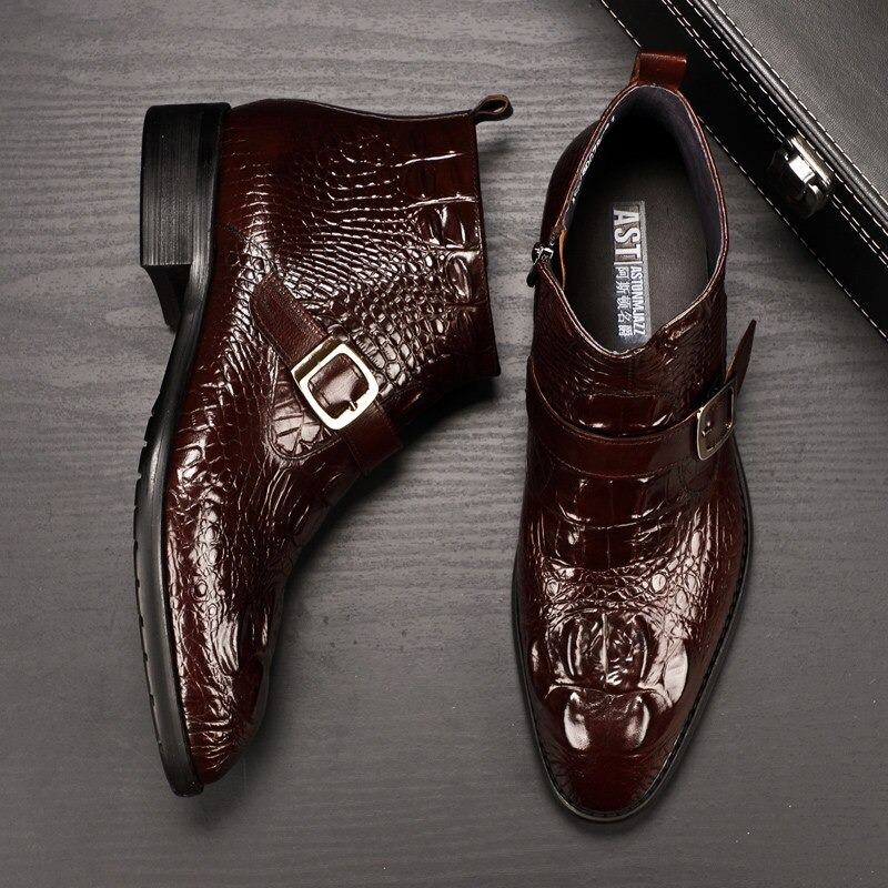 Brown crocodile print leather buckle boots for men, stylish pointed toe casual shoes.