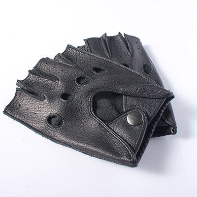 Stylish men's genuine leather fingerless gloves in black for versatile fashion and comfort.