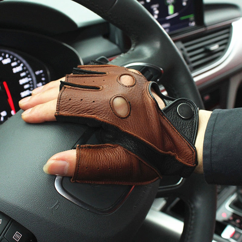 Men's genuine leather fingerless gloves in brown, gripping a steering wheel for stylish driving.