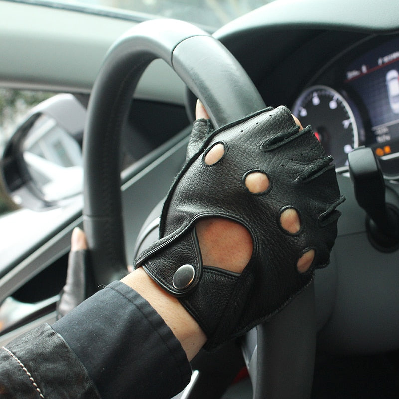 Men's genuine leather fingerless gloves being worn while driving, showcasing style and functionality for any occasion.