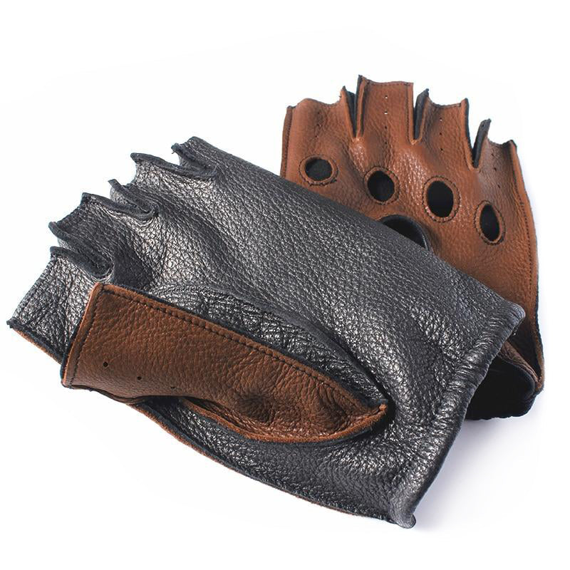 Men's deerskin fingerless leather gloves in black and brown, perfect for driving and alternative fashion.