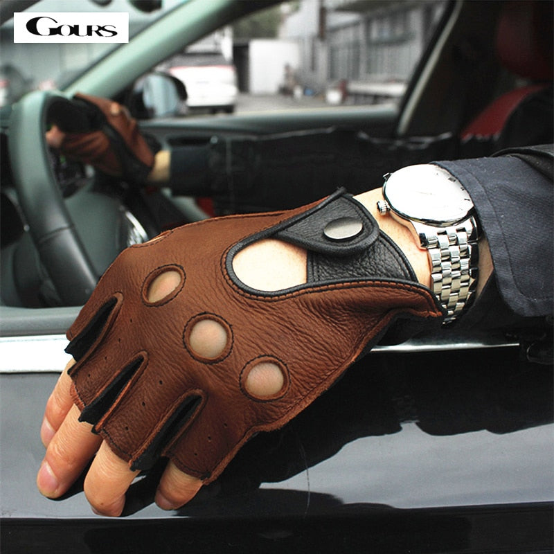 Men's fingerless deerskin leather gloves on hand gripping steering wheel, perfect for driving and stylish outings.