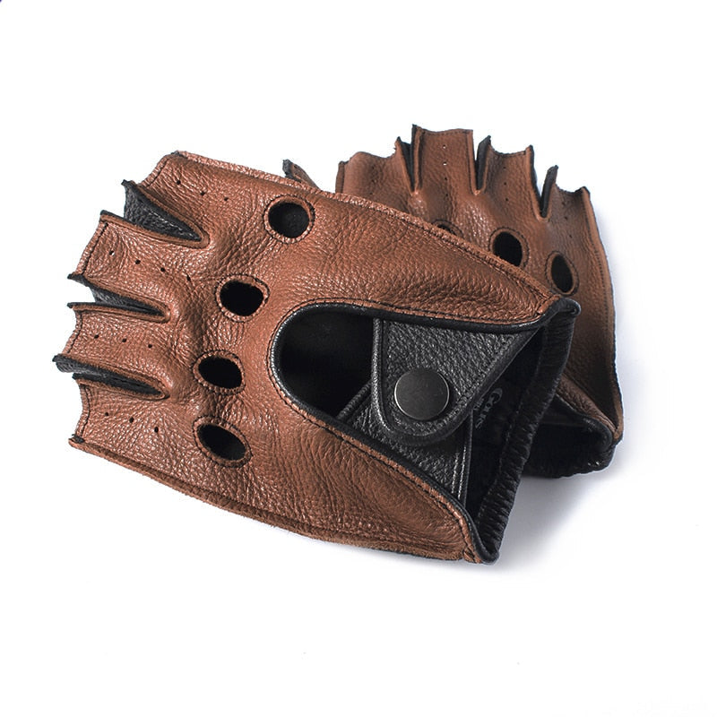 Brown deerskin leather fingerless gloves for men, perfect for driving and alternative fashion.