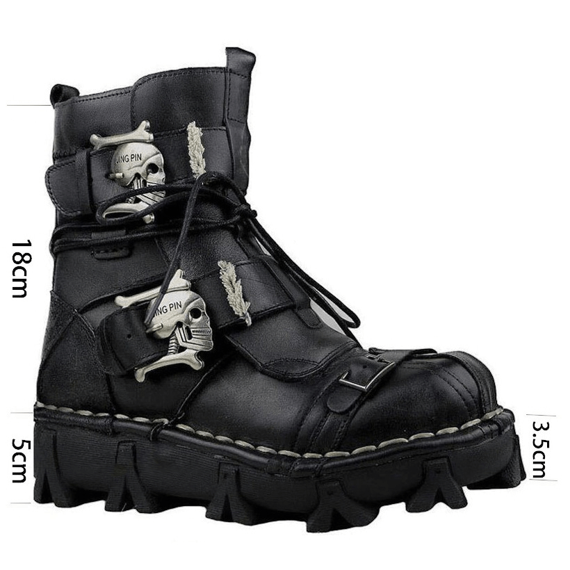 Men's Genuine Leather Gothic Rocker Boots with Skull Buckles / Unique Style Combat Boots - HARD'N'HEAVY