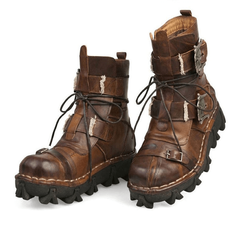 Genuine Leather Gothic Rocker Boots with Skull Buckles / Unique Style Combat Boots
