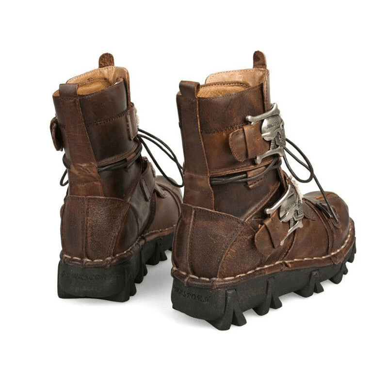 Genuine Leather Gothic Rocker Boots with Skull Buckles / Unique Style Combat Boots
